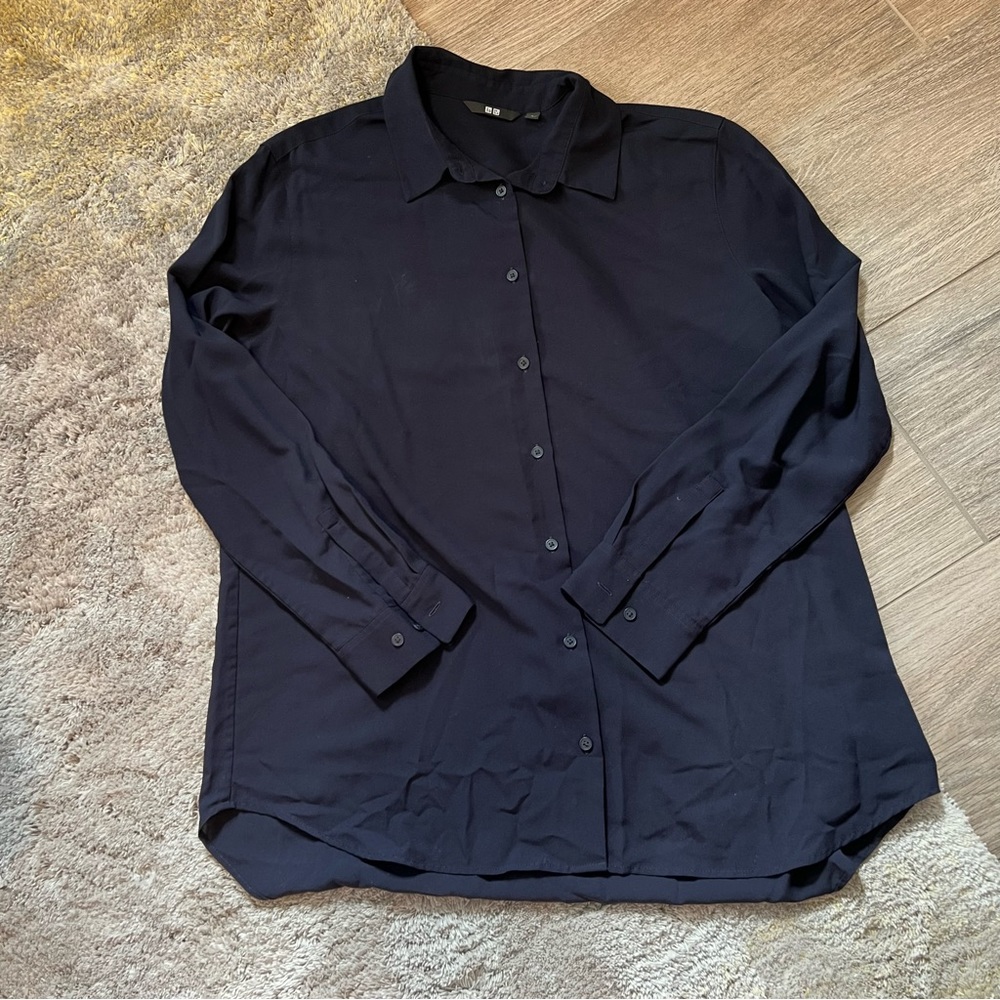 Uniqlo Navy Button-Up Long Sleeve Blouse